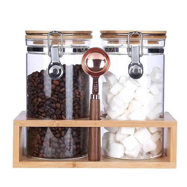 Borosilicate Glass Storage Jar with Airtight Lid,Glass Sealed Jar,Bamboo Lid Glass Container with Looking Clamp Lid,Coffee Bean,Flour,Cereal,Cookie Storage Jar