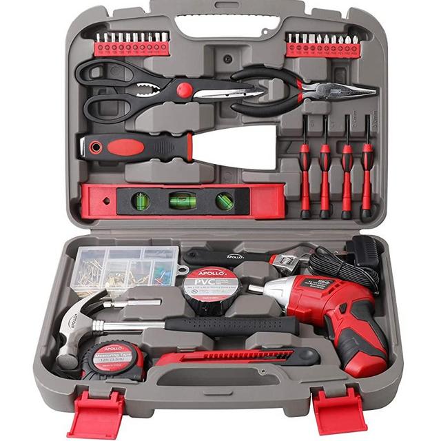 APOLLO TOOLS 135 Piece Household Tool Set with Powerful Dual-Angle 3.6 Volt Lithium-Ion Cordless Screwdriver - DT0773 , Red