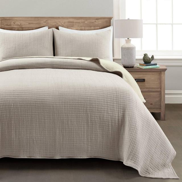 3pc King Pickstitch Quilt/Coverlet Neutral/Off White - Lush Décor