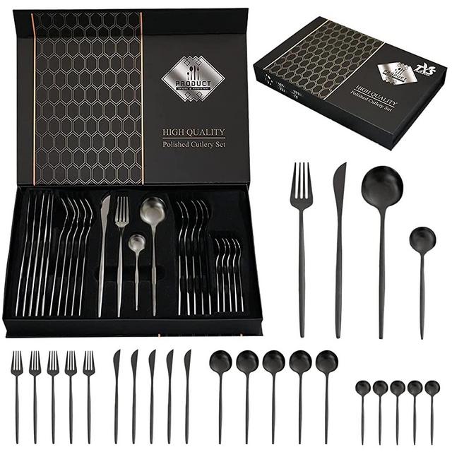 24-Piece Black Silverware Set Flatware Set for 6, Mirror Polished Stainless Steel Cutlery, Apartment Utensil Set, Knives, Forks, Spoons for Home, Kitchen, Restaurant, Hotel, Wedding, Dishwasher Safe