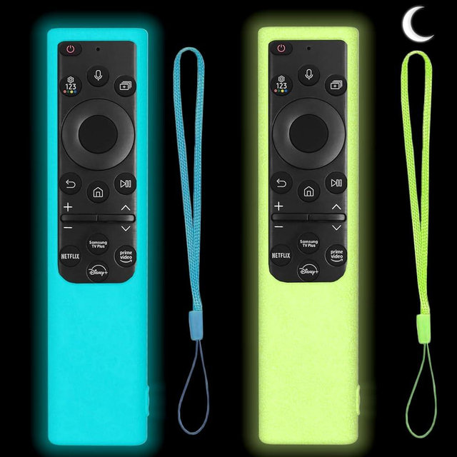 2 Pack Silicone Remote Cover for Samsung Smart TV Remote 2019–2026, Glow in The Dark Protective Case for Solar Cell Remote BN59-01357 BN59-01385 BN59-01265A, Anti-Slip (Blue & Green)