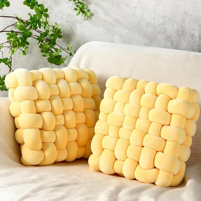 Wenqik 2 Pcs Knot Pillow Soft Throw Pillow Home Decoration Cushion Square Office Knotted Plush Throw Cushion for Living Room Bedroom Sofa Couch Living Room Decor, 12'' x 13''(Goose Yellow)