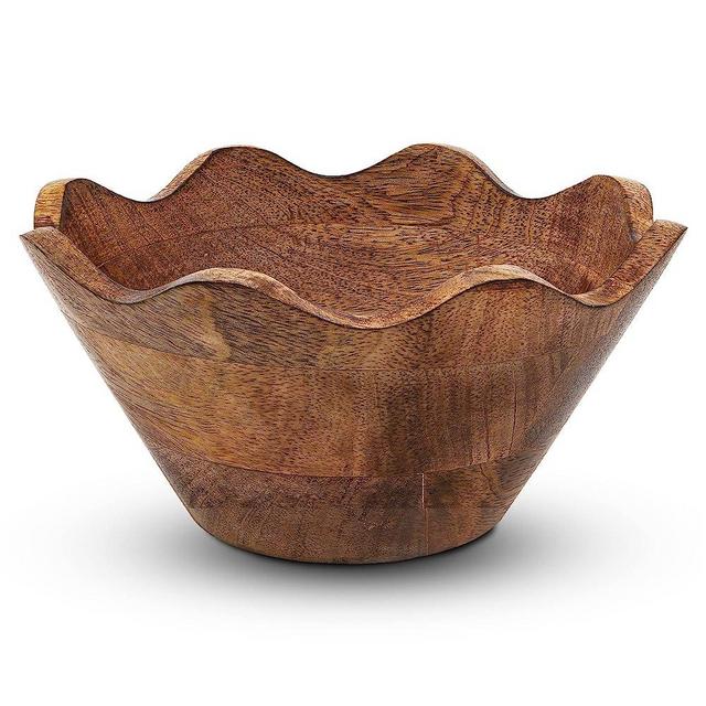 Mela Artisans Wooden Scalloped Bowl - Small | Ruffle Decorative Style | Rustic Kitchen Decor | Mango Wood | Natural Grain Finish | Fits Bread, Fruits, Salad or Popcorn | 8” x 4” x 7”