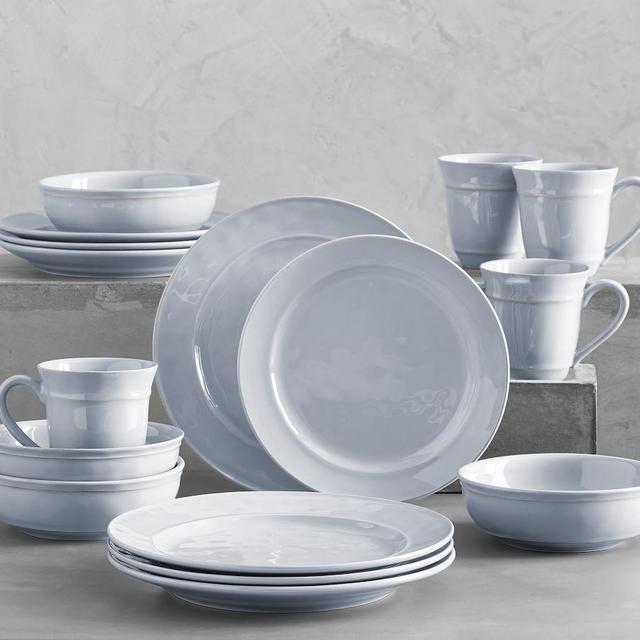Cambria Recycled Stoneware 16-Piece Dinnerware Set, 11 3/4" Dinner Plate with Soup Bowl - Fog