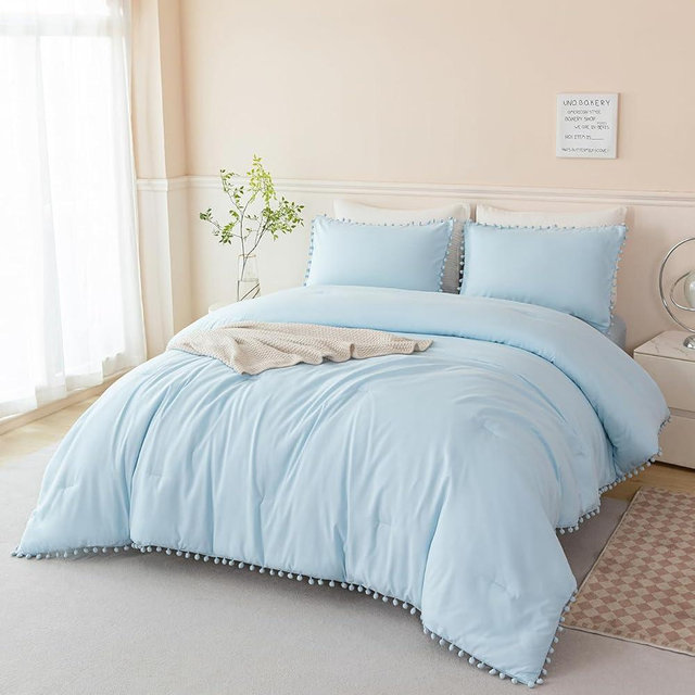 PERFEMET 5 Pieces Full Bed in A Bag Light Blue Pom Pom Bedding Set for Girls Boys Soft Fluffy Boho Solid Bedding Comforter Set with Sheets(Light Blue, Full)