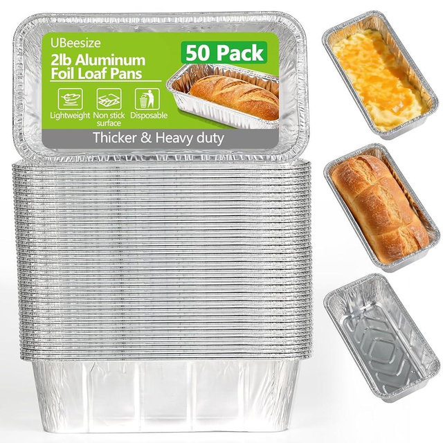 UBeesize 2Lb Thicker & Heavy Duty Disposable Aluminum Loaf Pans, 50 Pack Ultra Sturdy 8.5 x 4.5 Foil Bread Pans for Baking Banana Bread, Cakes, Meatloaf & Food Storage