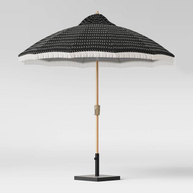9' Vee Stripe Carousel Patio Umbrella White Fringe - Light Wood Pole - Opalhouse™