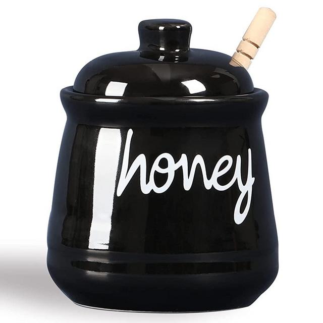 Honey Jar with Dipper and Lid, Ceramic Honey Pot 12oz, Black