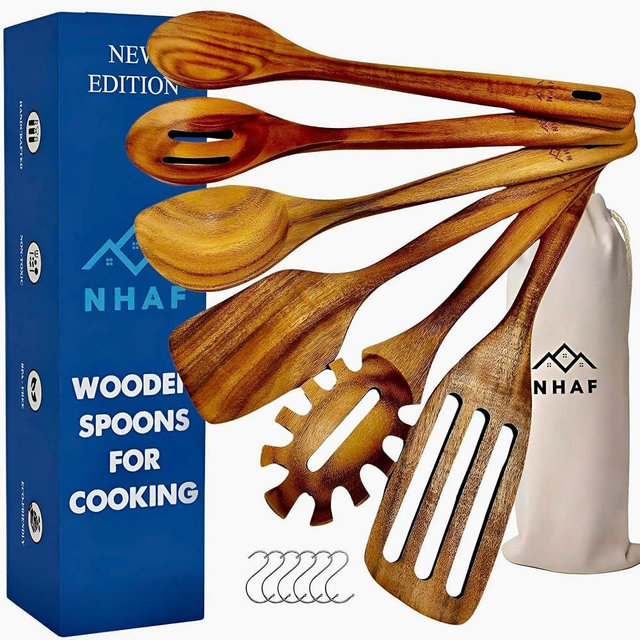 NHAF Wooden Utensils for Cooking, Premium Teak Healthy Spoons, Wooden Spoons for Cooking, Durable Eco-Friendly and Safe Teak Cooking Spoon, Cooking Gifts for Mom (set of 6) and Hooks