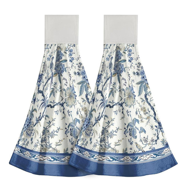 Giwawa Chinoiserie Flower Kitchen Hanging Towel Set of 2, Blue White Oriental Bird Floral Hand Tie Towel with Loop & Hook, Absorbent Soft Washcloth Dish Tea Bar Towel for Bathroom Gym Decor
