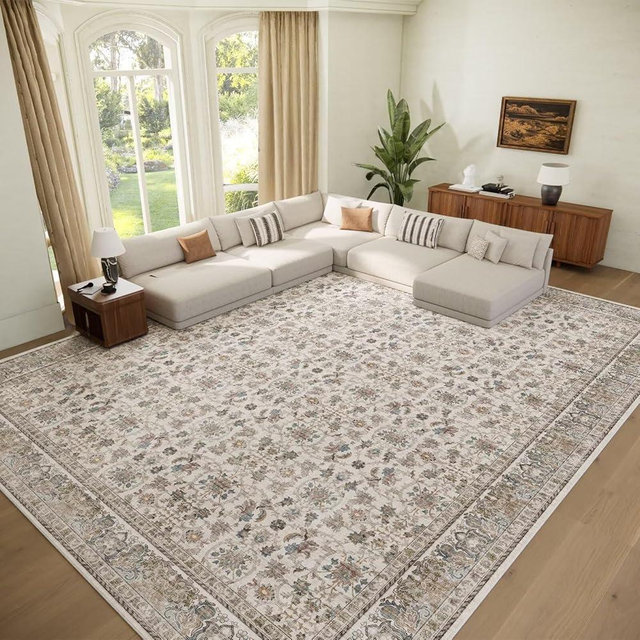 Washable 9x12 Area Rugs for Living Room, Boho Non-Slip Vintage Distress Lager Rugs for Bedroom Dining Room Nursery Office, 0.3" Neutral Oriental Throw Thin Carpet, Cream/Blue/Orange/Multi
