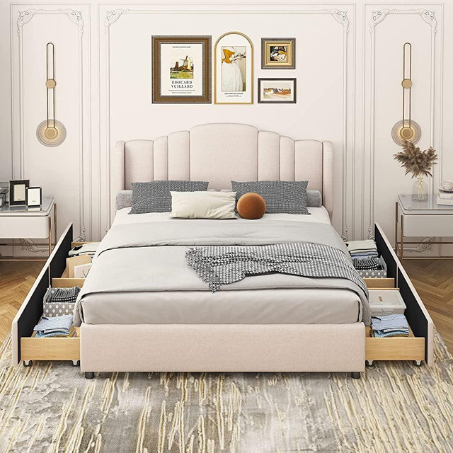 Merax Modern Upholstered Plattform Bed with 4 Storage Drawers Wood Bed Frame with High Wingback No Box Spring Needed Queen Beige