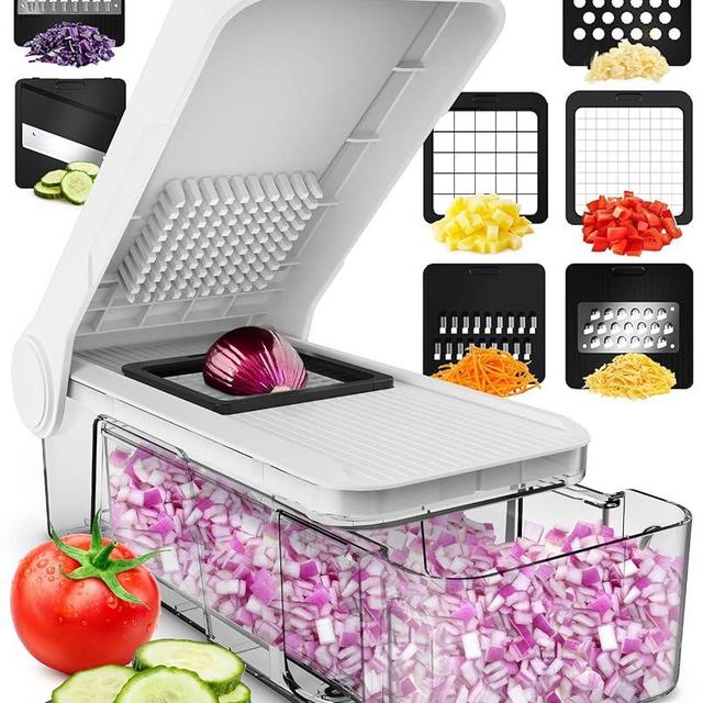 Fullstar Compact Vegetable Cutter, Food Chopper, Veggie Chopper, Onion Chopper, Vegetable Chopper With Container, Vegetable Slicer, Vegetable Cutter, Mandoline Slicer (7 in 1, White)