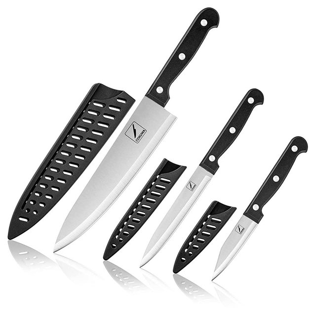 Kitchen Knife, COKUMA 3-Pcs Knife Set With Sheath, 8 Inch Chef Knife, 4.5 Inch Utility Knife, 4 Inch Paring Knife, Stainless Steel Chef Knife Set, Black