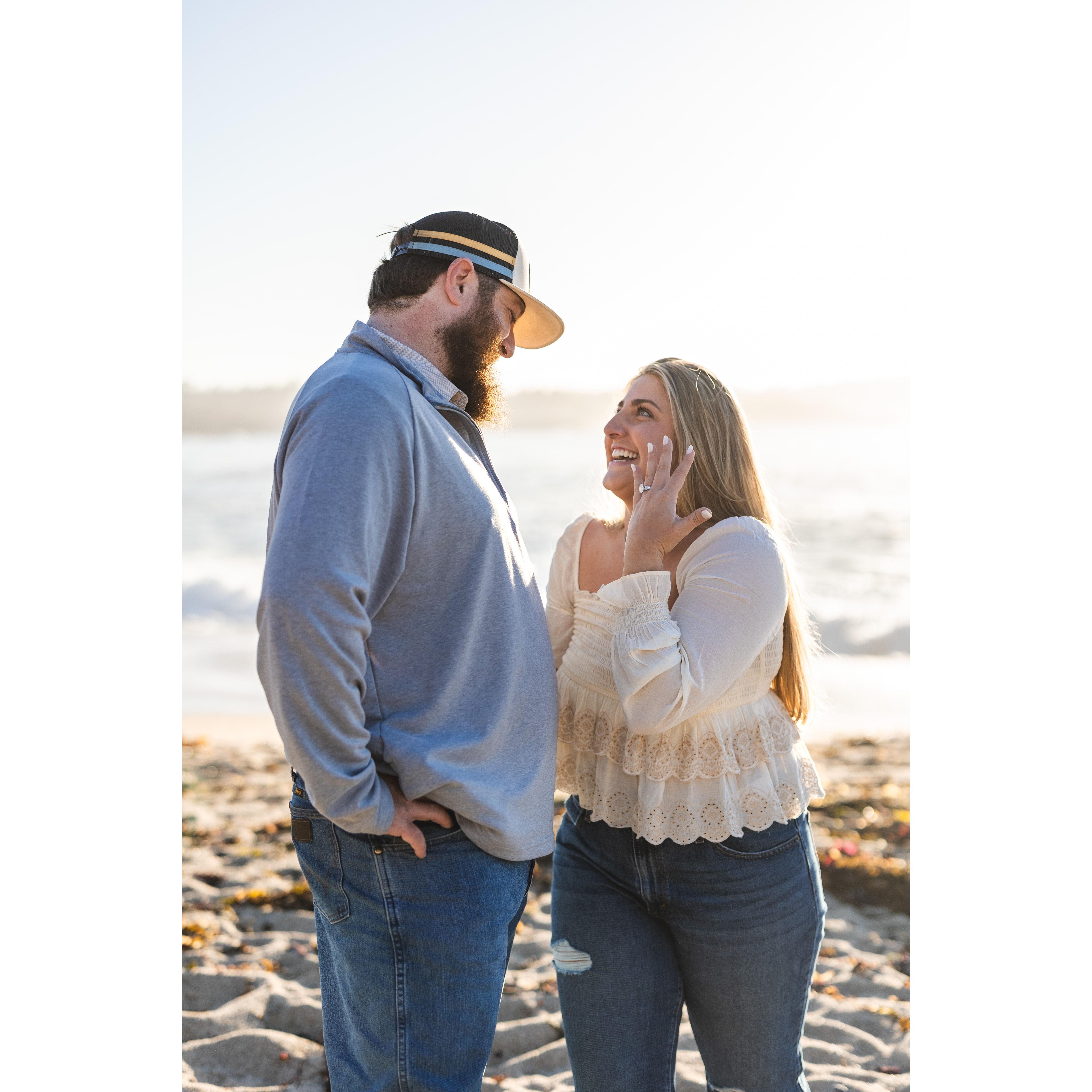 Our engagement photos! Kaley in AWE over her ring. Carmel, CA 2024