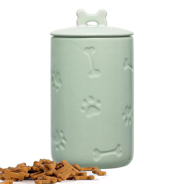 NIXBYO Dog Treat Container Airtight - 9"x5" Green Large Ceramic Dog Treat Jar for Kitchen Counter, Dog Cookie Jar with Lid - Farmhouse Style Dog Treat Storage Container for Dogs, Cats, Pets
