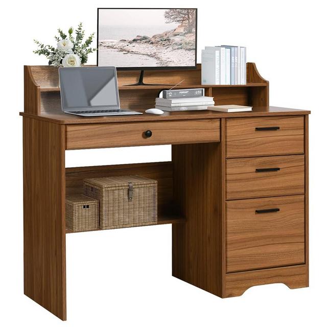 Computer Desk with 4 Drawers and Storage, Small Office Desk with File Drawers and Hutch, Farmhouse Wood Writing Student Table for Home Office, Bedroom, Rustic Oak