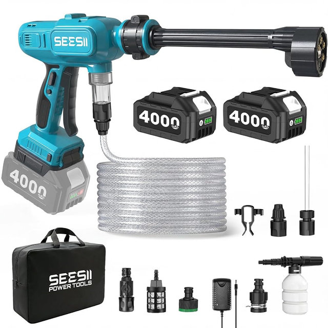 SEESII Cordless Portable Washer, Electric Power Washer with 2x4000mAh Batteries, Lightweight Washer Gun with 6-in-1 Nozzle & 27FT Hose, Handheld Power Cleaner for Car, Driveway, Garden, Patio & Fence