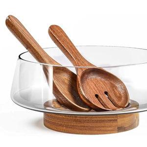 Extra Large Glass Salad Bowl Set - Party Salad Bowls with Acacia Wood Base and Serving Utensils - Elegant and Practical Kitchen Must-Have