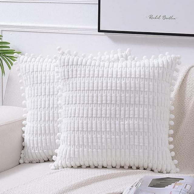 Fancy Homi 2 Packs White Decorative Throw Pillow Covers 12x12 Inch with Pom-poms for Couch Bed, Farmhouse Boho Home Decor, Soft Corduroy Cute Square Cushion Case 30x30 cm