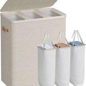 SONGMICS Laundry Basket, 50.2 Gal. Laundry Hamper, 3 Compartments, Easy Assembly, with Lid and Handles, Removable Liners, 25.2 x 15.7 x 29.5 Inches, Cappuccino Beige ULCB814LH01