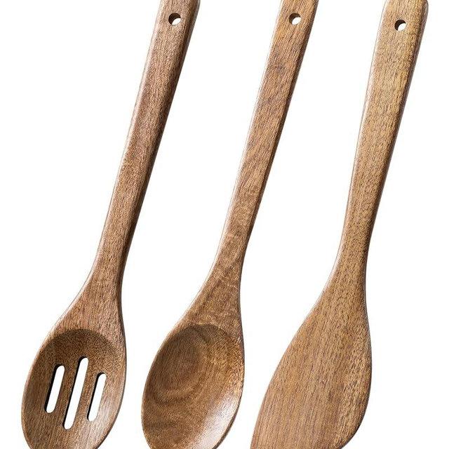 Hefild Wooden Spoons for Cooking, 3-Piece Wood Utensil Set Includes Slotted Spoon, Spoon & Wooden Spatula for Cooking – Acacia Wood Kitchen Utensil Set – 12 Inch Hardwearing Tools