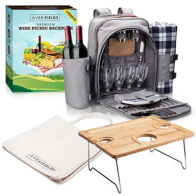 Averi Fields Picnic Backpack, Durable Picnic Bag with Premium Cutlery Set for 4 Person, Large Insulated Cooler Compartment, Wine Holder, Waterproof Fleece Blanket, Tote Bag, Portable Wine Table/Tray