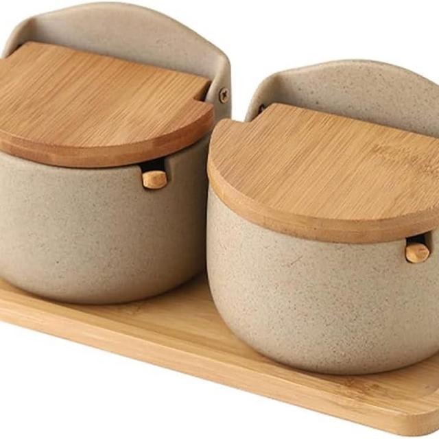 Vajdlpq Ceramic Spice Jar - Condiment Jar with Lid and Spoon - Salt and Sugar Container Set for Kitchen - Stylish and Functional Kitchen Counter Accessories - 2 Pieces