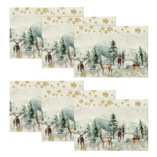 Artoid Mode Watercolor Deer Trees Snowflakes Christmas Placemats for Dining Table, 12 x 18 Inch Seasonal Winter Xmas Holiday Rustic Vintage Thanksgiving Washable Table Mats Set of 6