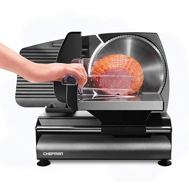 Chefman Die-Cast Electric Deli/Food Slicer Precisely Cuts Meat Cheese, Bread, Fruit & Veggies, Adjustable Thickness Dial, Removable 7.5” Serrated Stainless Steel Blade, Non-Slip Feet, Compact, Black