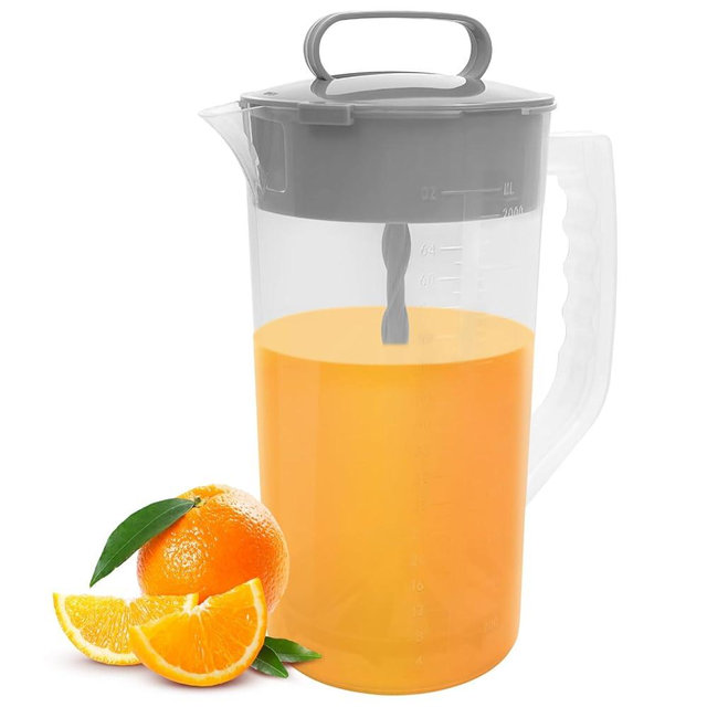 1 Pack Mixing Pitcher for Drinks, 2 Quart/ 64oz Plastic Water Pitcher with Lid，Easy-Mix Juice Container，Angled Plastic Blades and Adjustable Mixer Plunger for Mix Juice, Milk,Tea, Beverage Container…