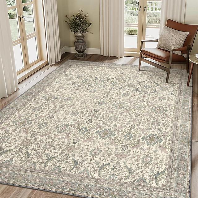 BESBLEE 8X10 Area Rugs Machine Washable Rugs for Living Room, Vintage Boho Large Rugs for Bedroom Dining Room, Non Slip Indoor Soft Distressed Lightweight Thin Low Pile Carpet, Cream