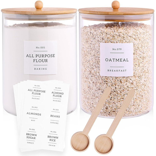 2 Pcs Large Jar with Lid for Kitchen Counter with 132 Pantry Labels and Spoon,Glass Canister Food Storage Container, Flour Container, Kitchen Storage Jars for Candy, Cookie (100oz X 2)
