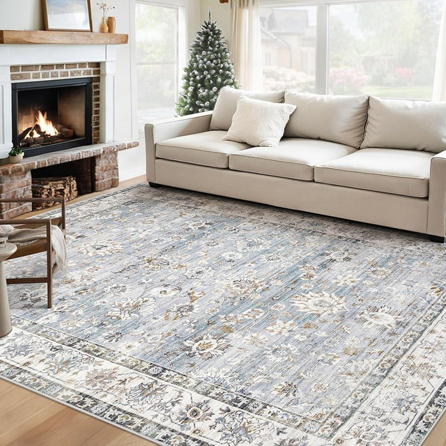 XLUEZ Area Rug 6x9 Living Room Rug, Machine Washable Vintage Distressed Boho Area Rug Non-Slip Soft Low Pile Large Indoor Rugs for Bedroom Kitchen Dining Room Office(Light Blue,6'x9')