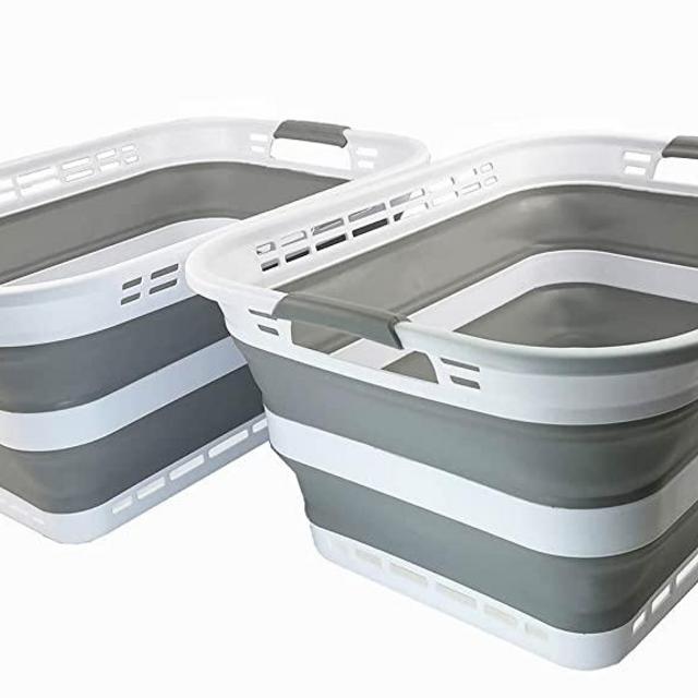 SAMMART 42L (11 Galloons) Collapsible Plastic Laundry Basket - Foldable Pop Up Storage Container/Organizer - Portable Washing Tub - Space Saving Hamper/Basket [BPA Free] (White/Grey (Set of 2))