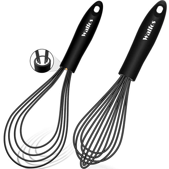 Silicone Whisk set, Walfos 11'' Flat Whisk and 10'' Balloon Whisk for Blending Beating Stirring and Kitchen Cooking, Black