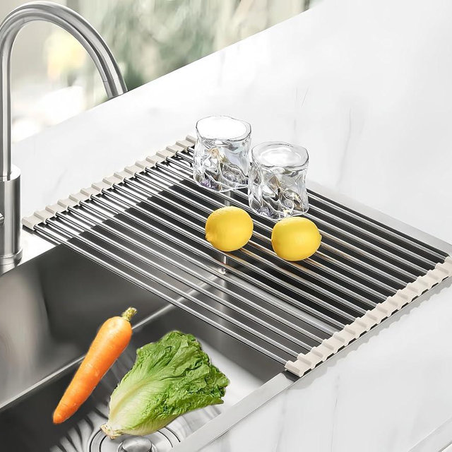 Sayehuanye Roll Up Dish Drying Rack, 17.7" x 15.8" Over The Sink Dish Drying Rack, Kitchen Dish Rack Foldable Dish Drainer, Stainless Steel Dish Drying Rack for Kitchen Sink Counter Storage (Grey)