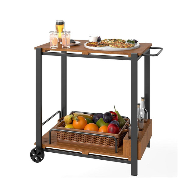 Outsunny Acacia Wood Outdoor Bar Cart, 2-Tier Outdoor Serving Cart,