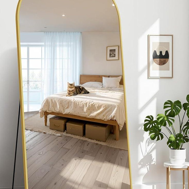 InfiniGlass 76"x34" Arched Full Length Mirror, Large Floor Mirror with Aluminum Alloy Frame Standing Hanging or Leaning Wall-Mounted Mirror, Vanity Mirror for Living Room and Bedroom,Gold