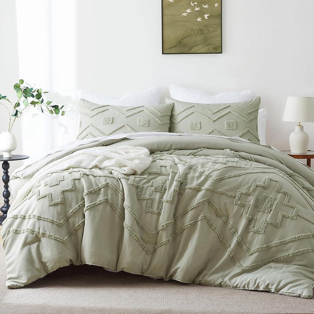 Oli Anderson Boho Tufted Comforter Set King Size, 3 Pcs Soft Jacquard Bedding Set for All Seasons, Shabby Chic Farmhouse Bedding Set with Comforters for All Seasons (Mist Sage, King)