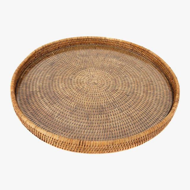 Tava Handwoven Rattan Round Serving Tray With Glass Insert, 19" Diam., Natural