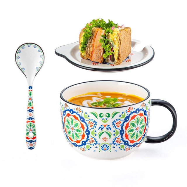 Chubacoo Soup Bowl with Lid & Spoon: Ceramic Large Microwavable Bowl with Plate Combo - Ideal for Ramen Cereal Oatmeal Noodles Sandwich Chip & Bread Dip Cracker - Big Handle, 32 oz, A-pattern