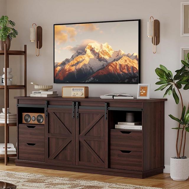 YESHOMY Farmhouse TV Stand for Televisions up to 65 Inch, Wood Entertainment Center with Sliding Barn Doors and 4 Storage Drawers, 58’’ Media Console Cabinet with Shelves for Living Room, Espresso