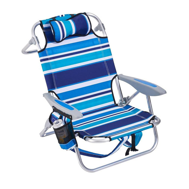 Canpsky Portable Beach Chair for Adults, Outdoor Camping Chair Lay Flat Folding Backpack Beach Reclining Chair with 4 Positions, Headrest, Cooler Pouch, Cup Holder, Blue Striped