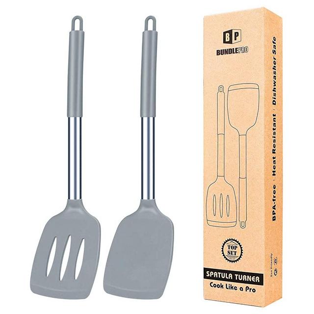 Pack of 2 Silicone Solid Turner ,Non Stick Slotted Kitchen Spatulas ,High Heat Resistant BPA Free Cooking Utensils ,Ideal Cookware for Fish ,Eggs ,Pancakes (Gray)