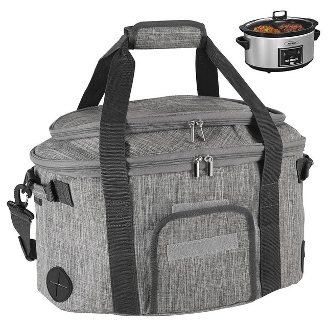 SUNVIVI Portable Slow Cooker Bag Fits for 6-8 Quart, Insulated Travel Bag with See-thought Window, Carry Case with Top Zip Compartment, Mesh Pocket & Adjustable Band for Camping, Potluck, Gathering