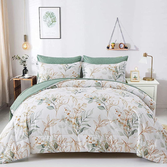 Botanical Comforter Set Queen, 7 Pieces Floral Reversible Bed in a Bag Green Leaves Printed Bedding Set Soft Microfiber Queen (1 Comforter,2 Pillowcase,2 Pillow Shams,1 Flat Sheet,1 Fitted Sheet)