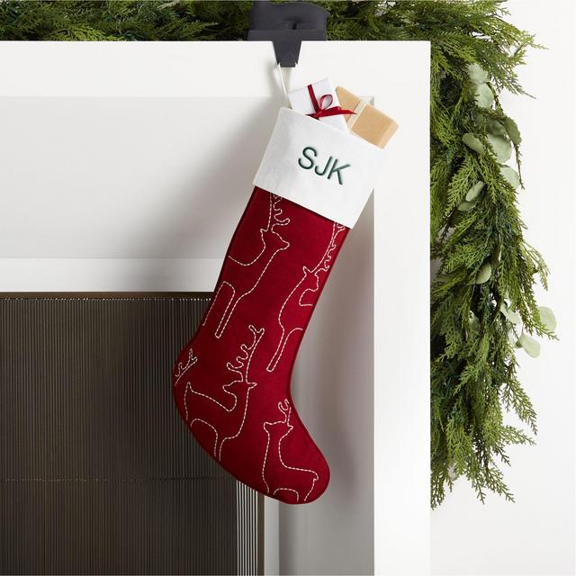 Red Linen-Cotton Blend Embroidered Reindeer Christmas Stocking