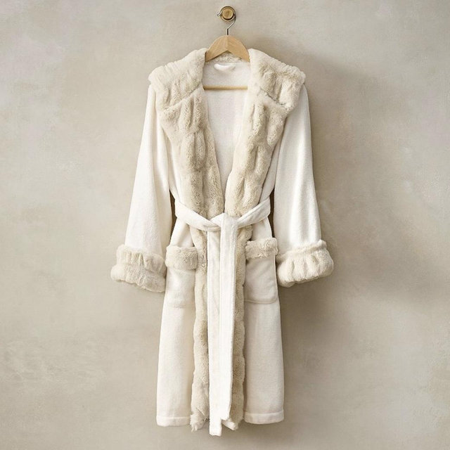 Ruched Faux Fur Robe - Ivory, Medium
