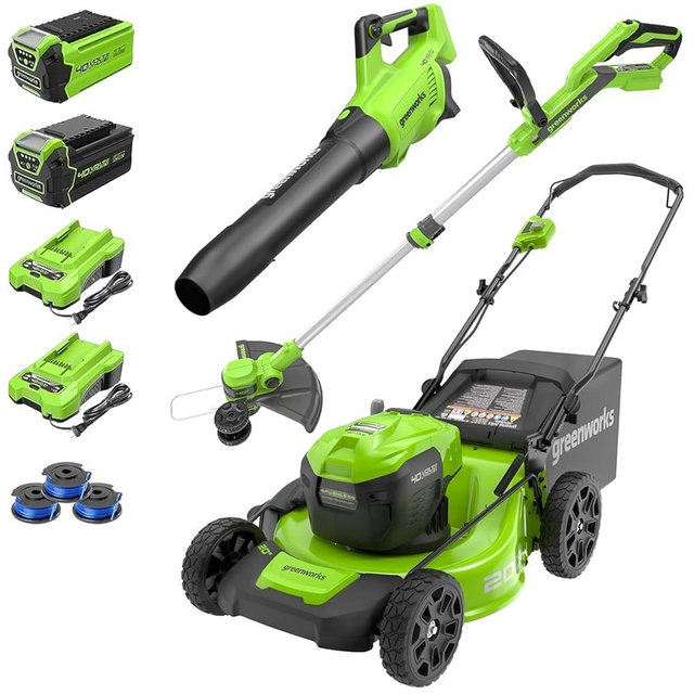 Greenworks 40V 20" Cordless Push Lawn Mower Bundle with Axial Leaf Blower(500 CFM / 120 MPH), 12" String Trimmer, 5Ah + 2Ah Batteries & Chargers